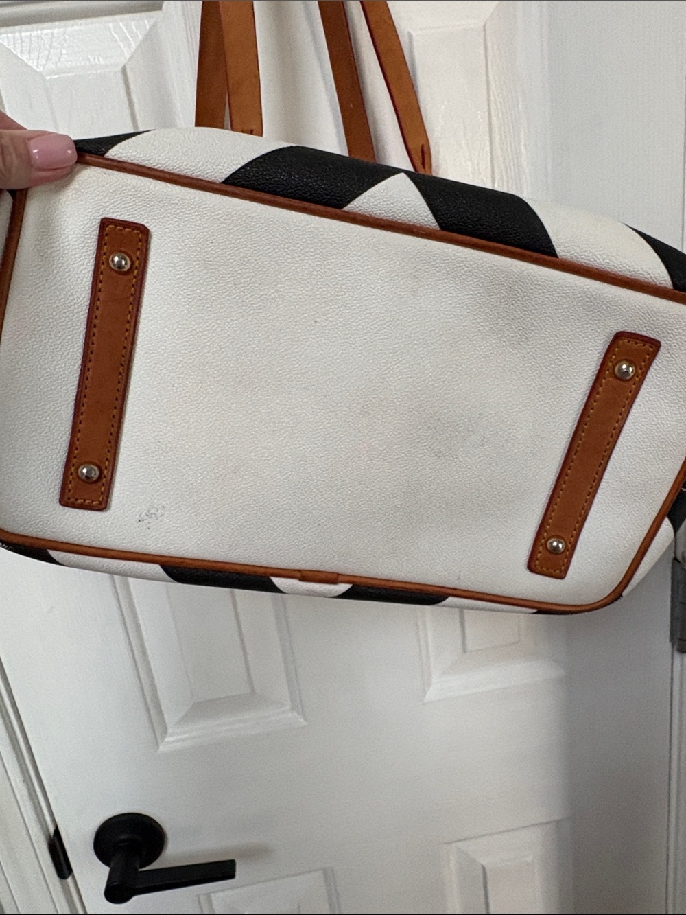 Dooney & Bourke Black and White Chevron Tote with Brown Trim - Picture 14 of 15